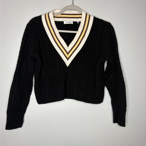 Sandro Contrast Stripe Cashmere Blend Cable Knit Sweater - Picture 1 of 9